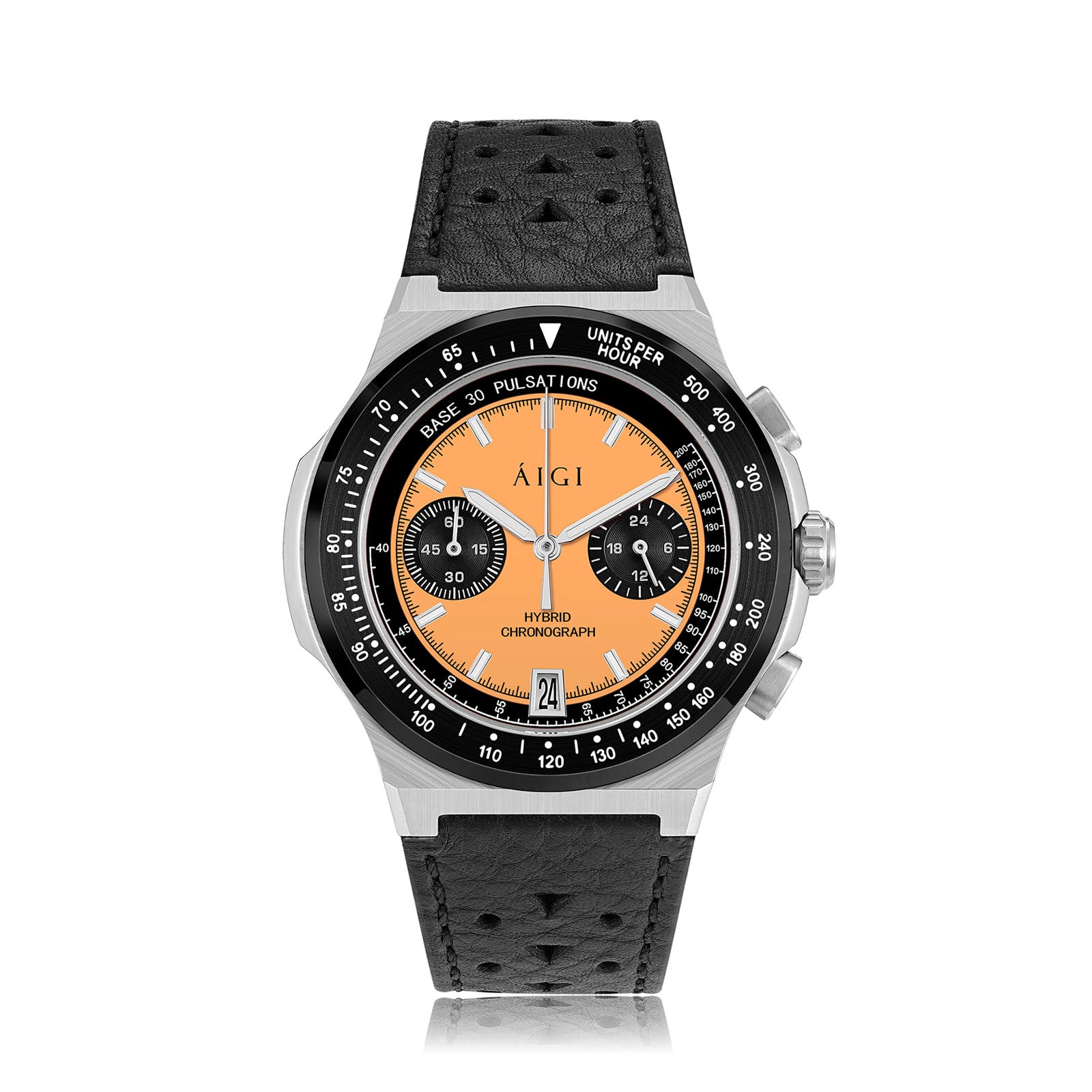 AÍGI hybrid chronograph watch with an orange dial and black leather strap.