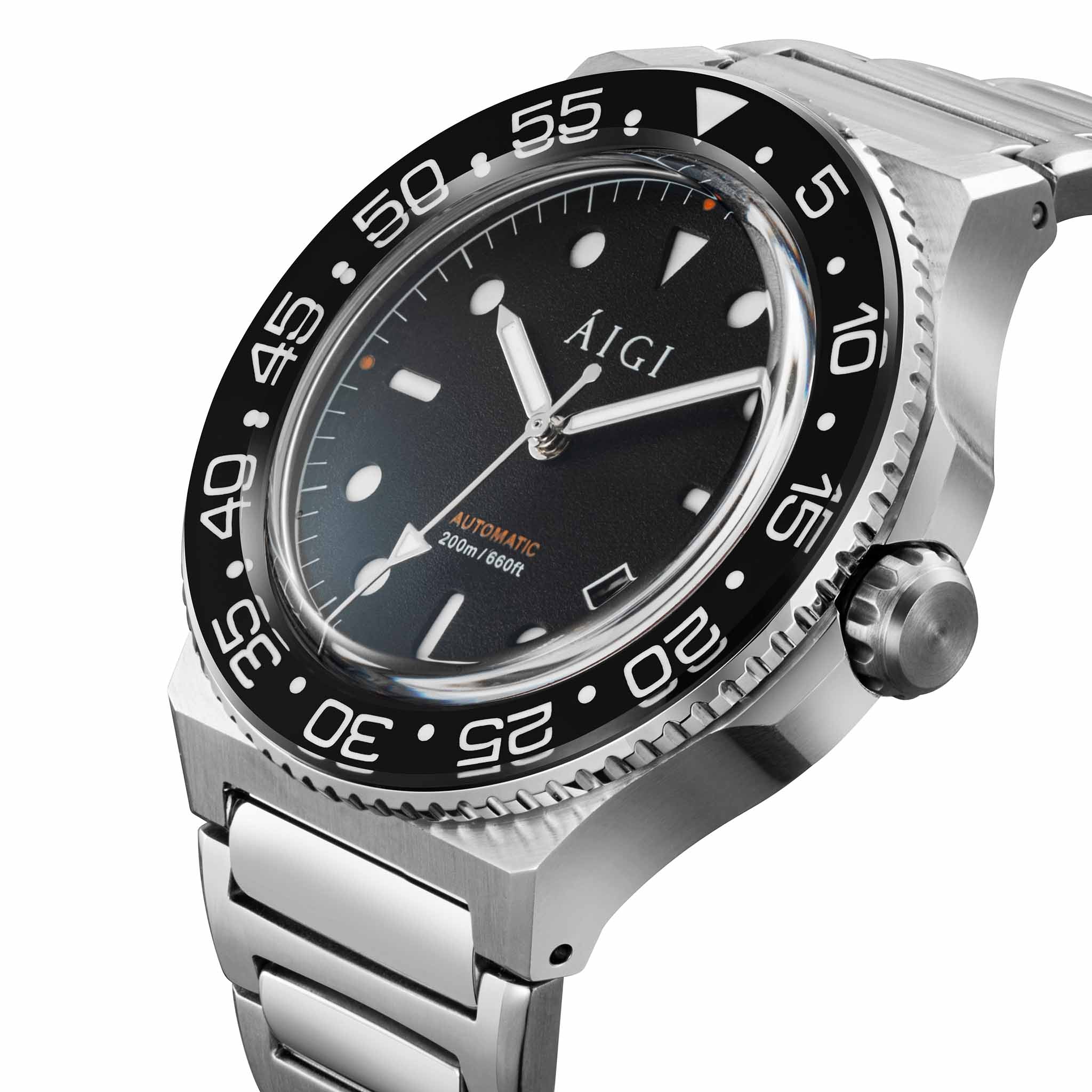 AIGI Arctic Diver automatic dive watch with black dial