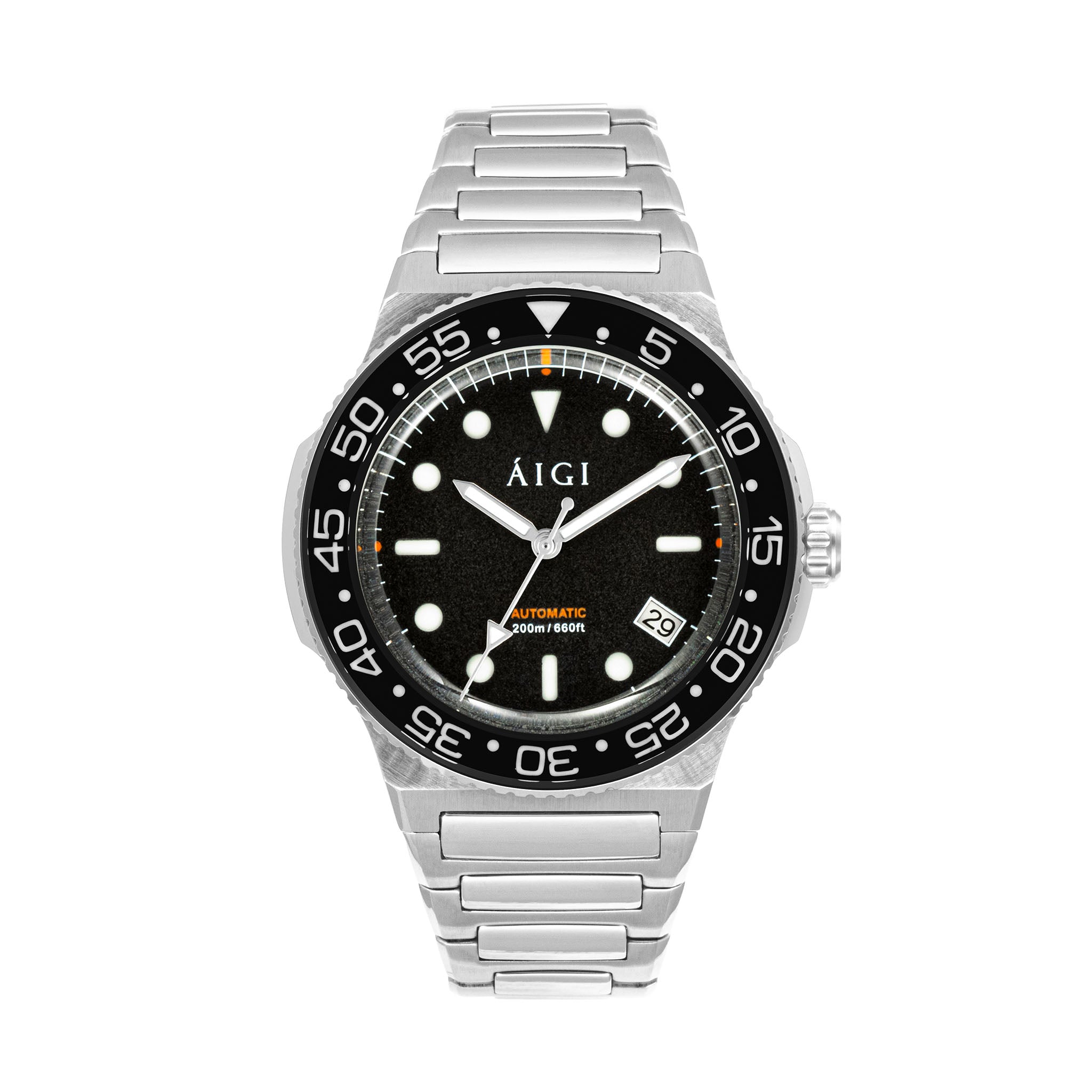 AIGI Arctic Diver automatic watch with black dial and stainless-steel case.