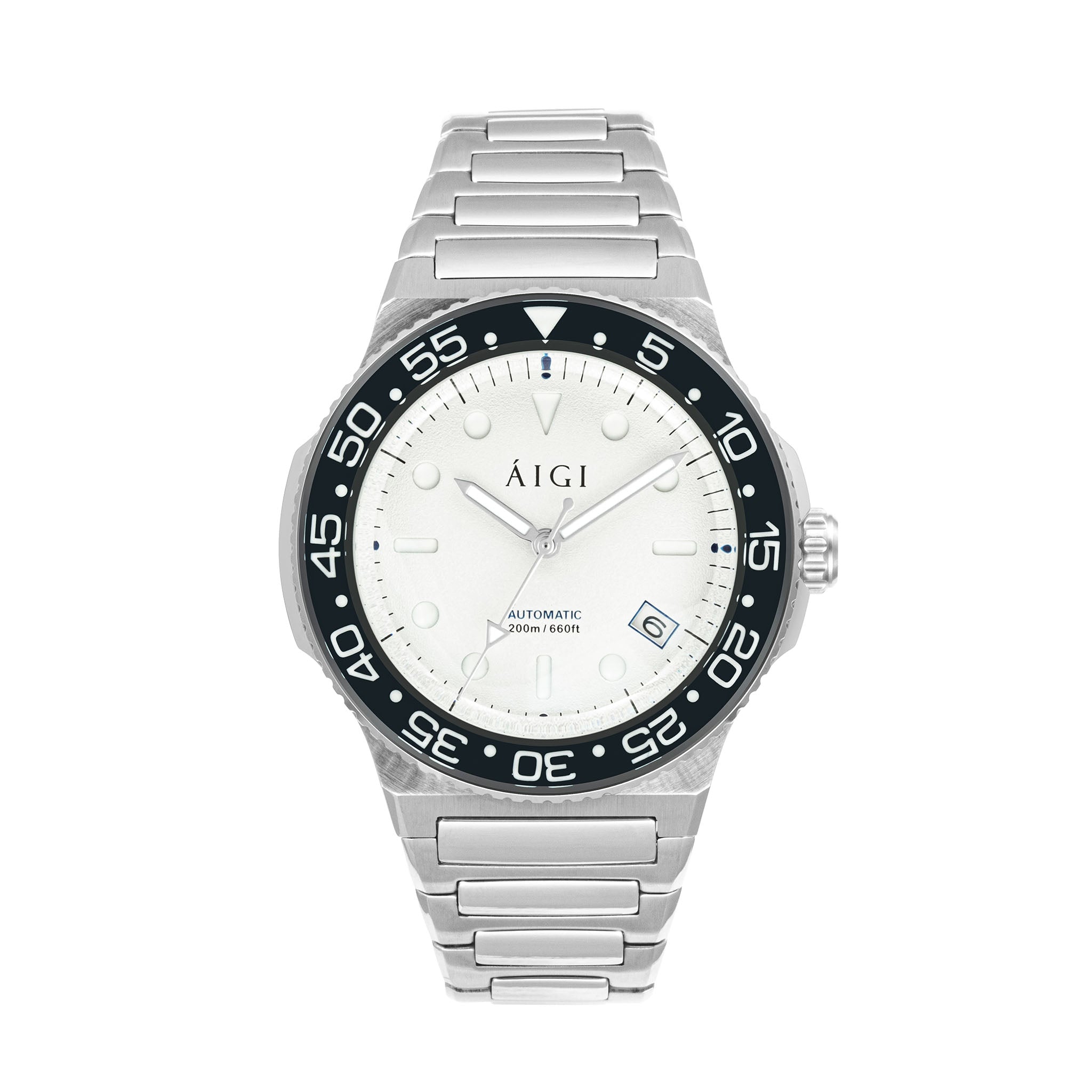 AIGI Arctic Diver automatic watch with white dial and stainless-steel case.