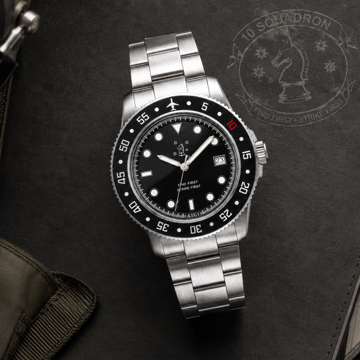 Custom squadron watch for RAAF 10 Squadron — matte black dial with squadron logo, red 10 and black ceramic bezel