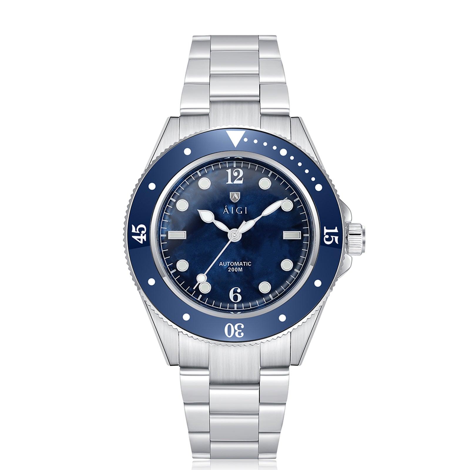 ÁIGI Arctic Tide red automatic diver watch with stainless steel bracelet, 40mm case, ceramic bezel and blue mother of pearl dial