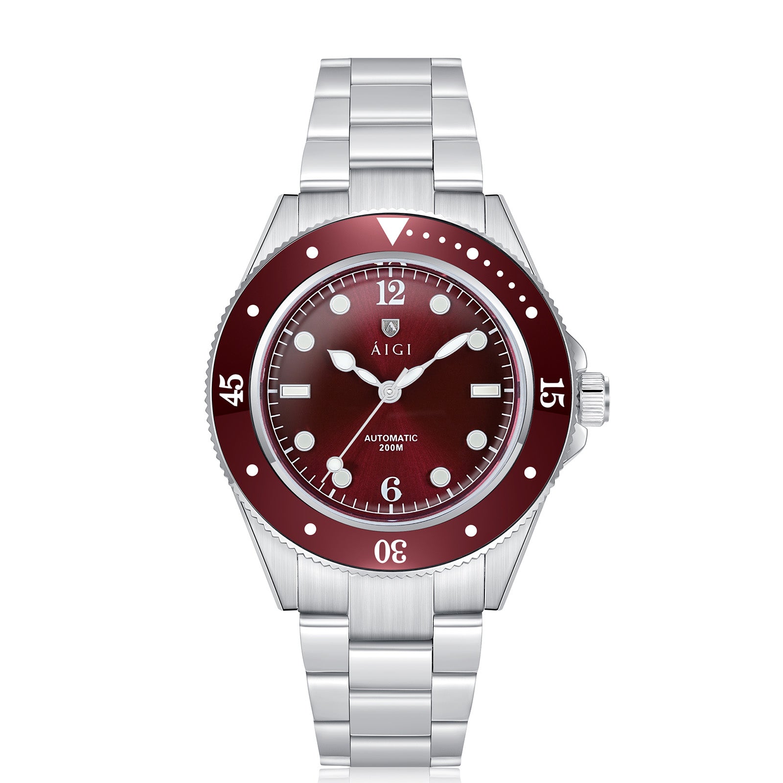 ÁIGI Arctic Tide red automatic diver watch with stainless steel bracelet, 40mm case, ceramic bezel and red dial
