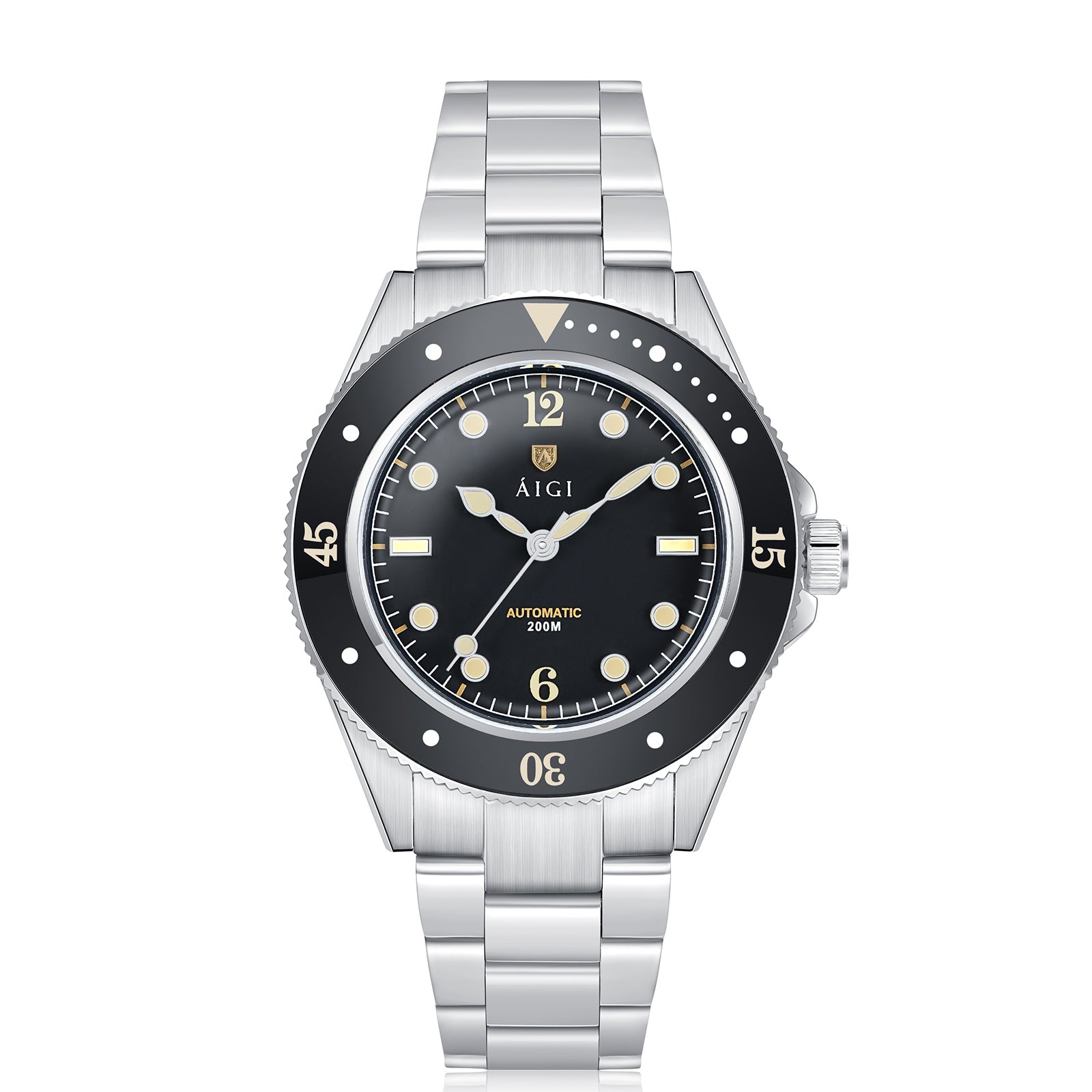 ÁIGI Arctic Tide red automatic diver watch with stainless steel bracelet, 40mm case, ceramic bezel and black dial